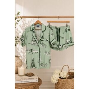 Katie Kime Pajama Set Women S Green Winter Toile Christmas Lounge Santa Holiday